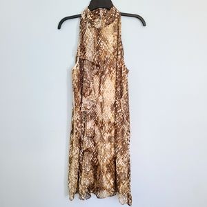 Cato Tan Flowy Snakeskin Print Ruffle Front Halter Neck Sleeveless Mini Dress